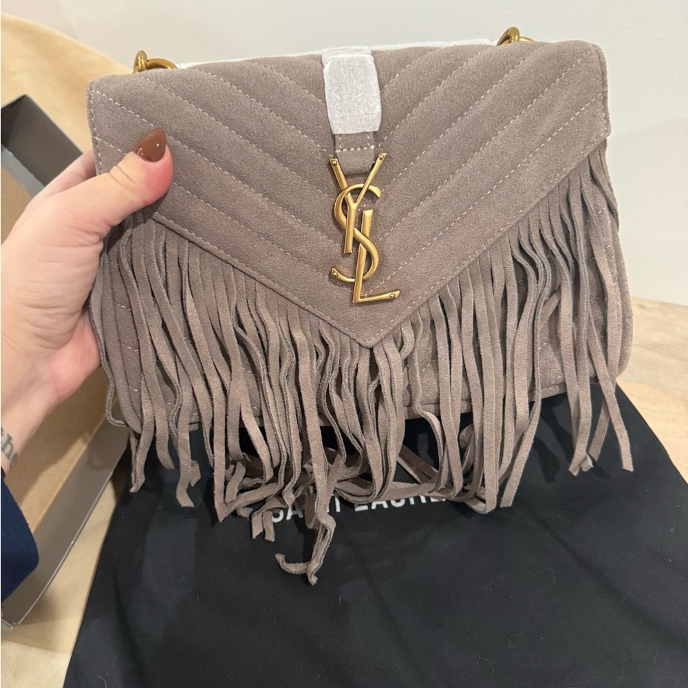 Yves Saint Laurent Gray Fringe Suede Shoulder Bag